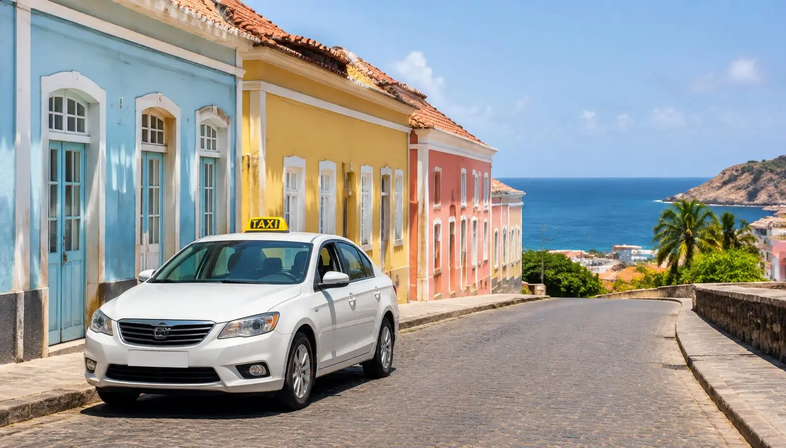 Taxi on the road in a African Atlantic destination, illustrative image for Cabo Verde