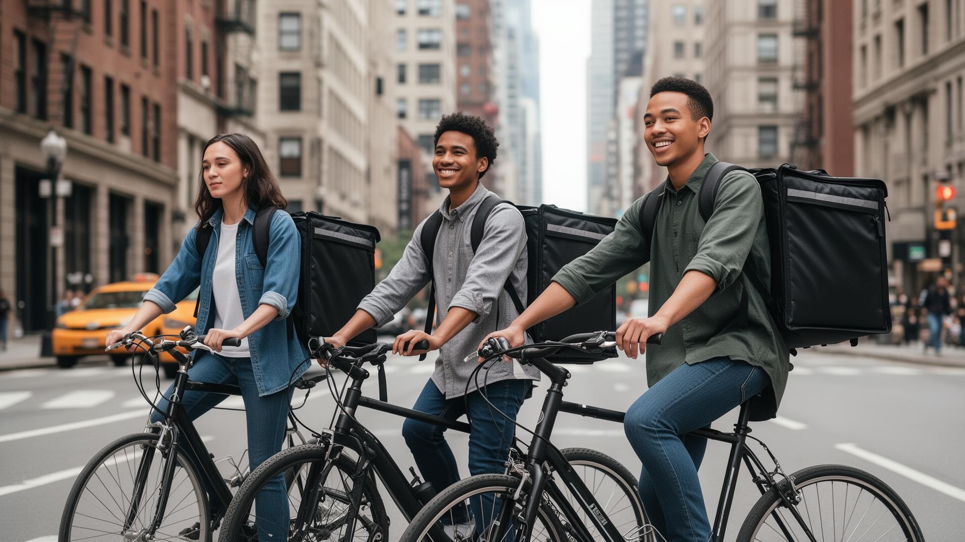 Young adult bicycle couriers creating flexible local delivery income opportunities
