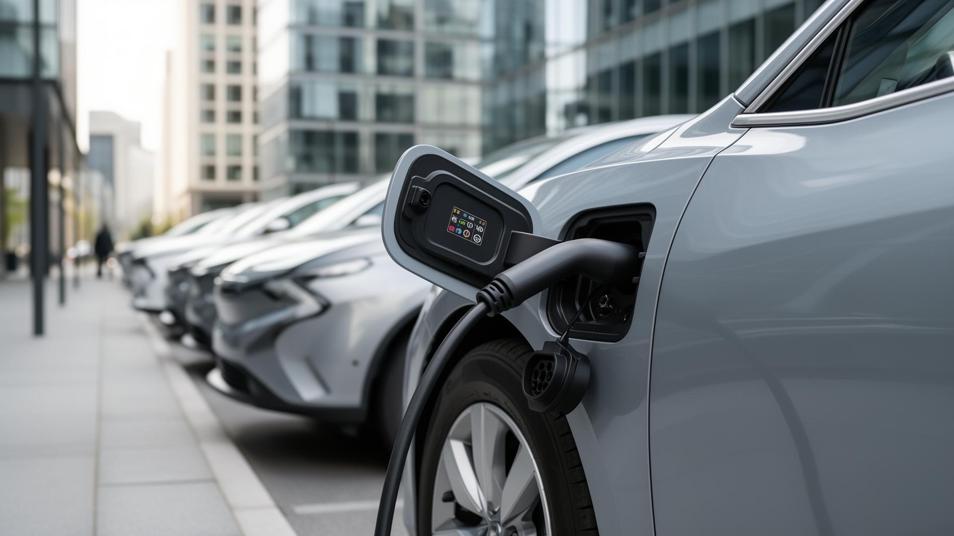 Electric vehicle charging setup beside modern fleet cars in a business district