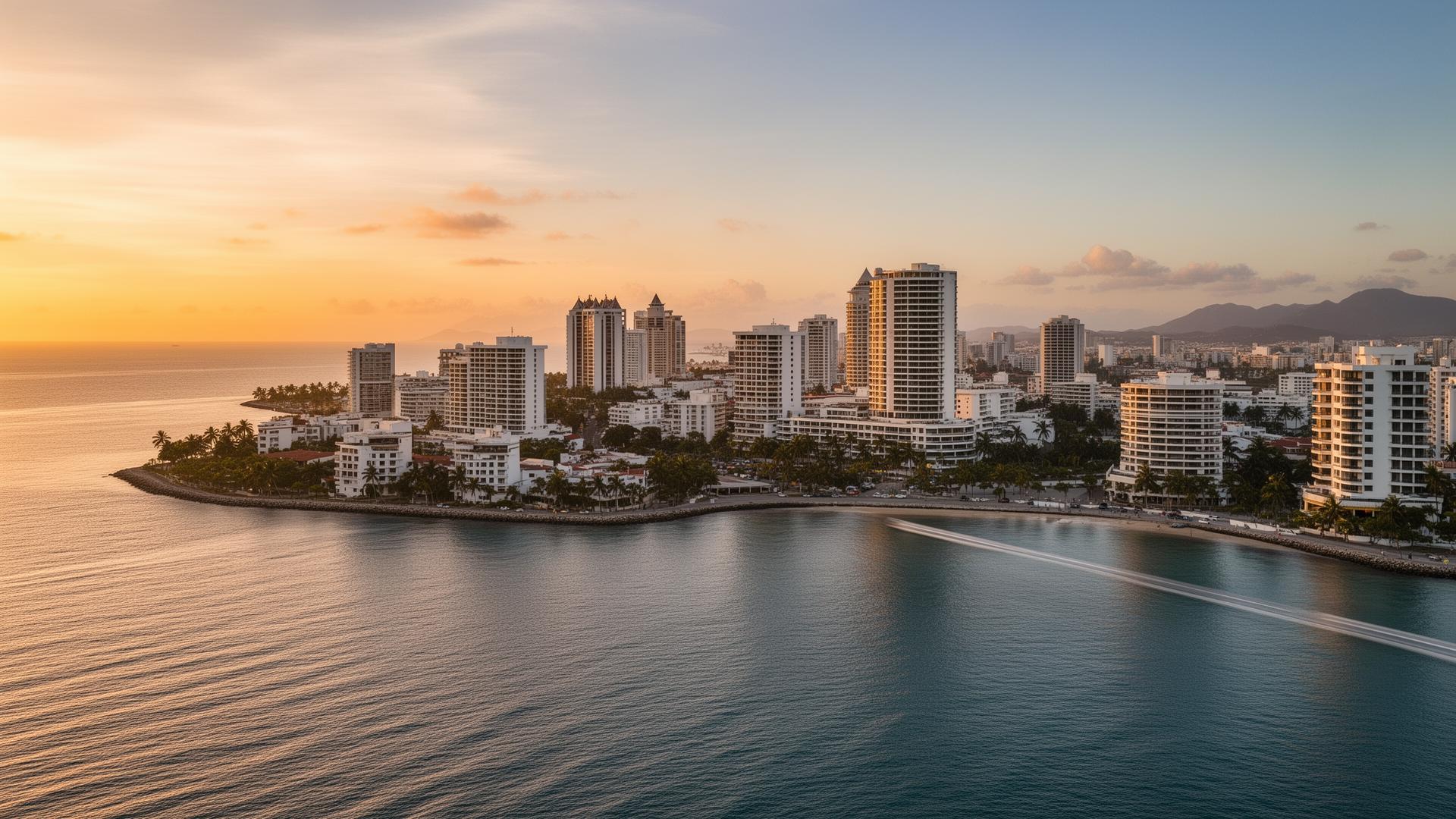 Coastal Latin American skyline at sunrise representing tourism and mobility growth