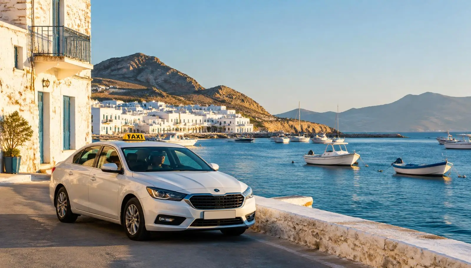 Taxi on the road in a Mediterranean destination, illustrative image for Kos