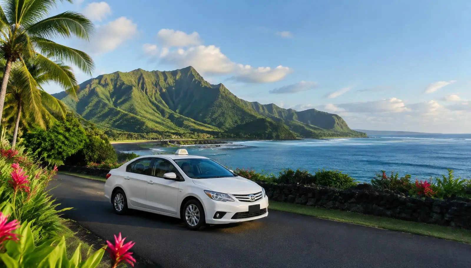 Taxi on the road in a Pacific destination, illustrative image for Tamuning