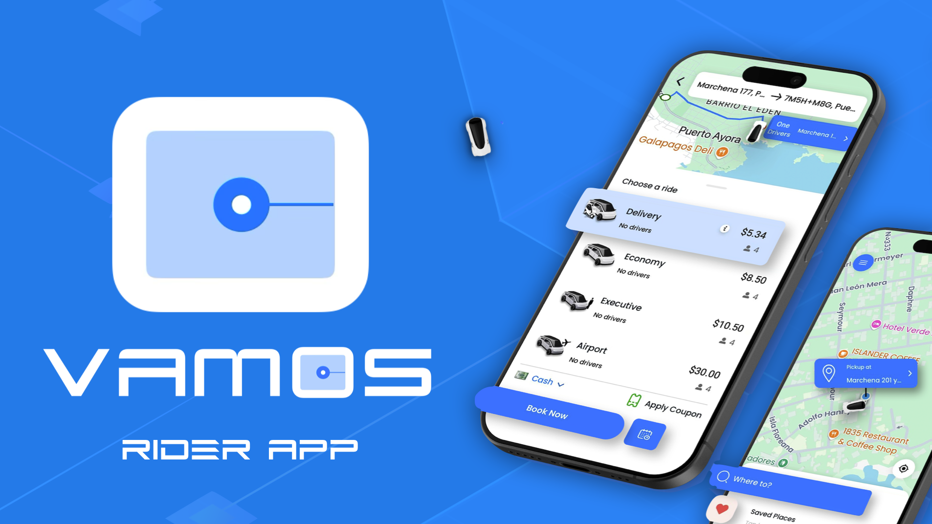 VAMOS rider app showing ride booking interface