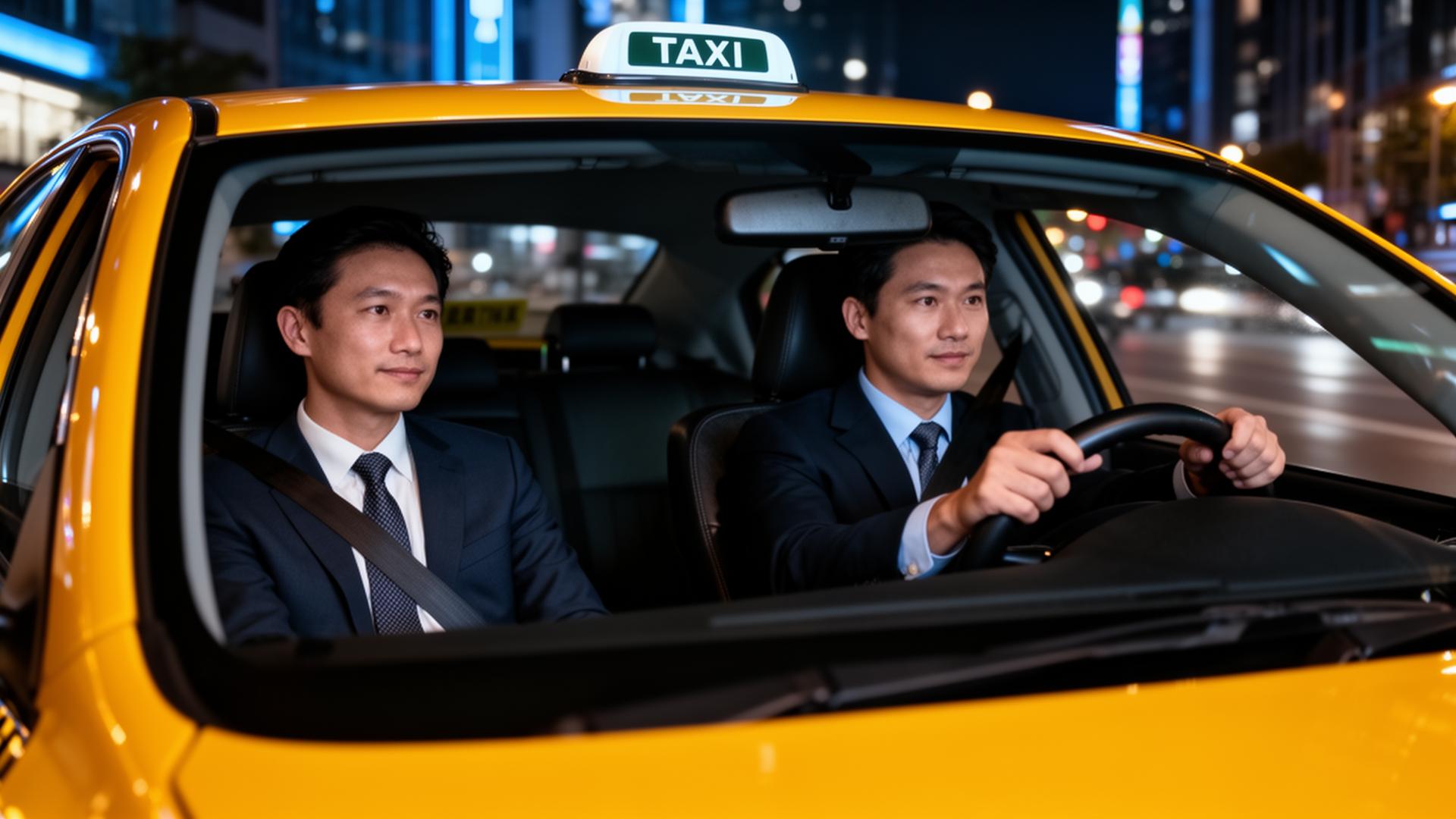 Passenger and driver in a professional taxi journey at night