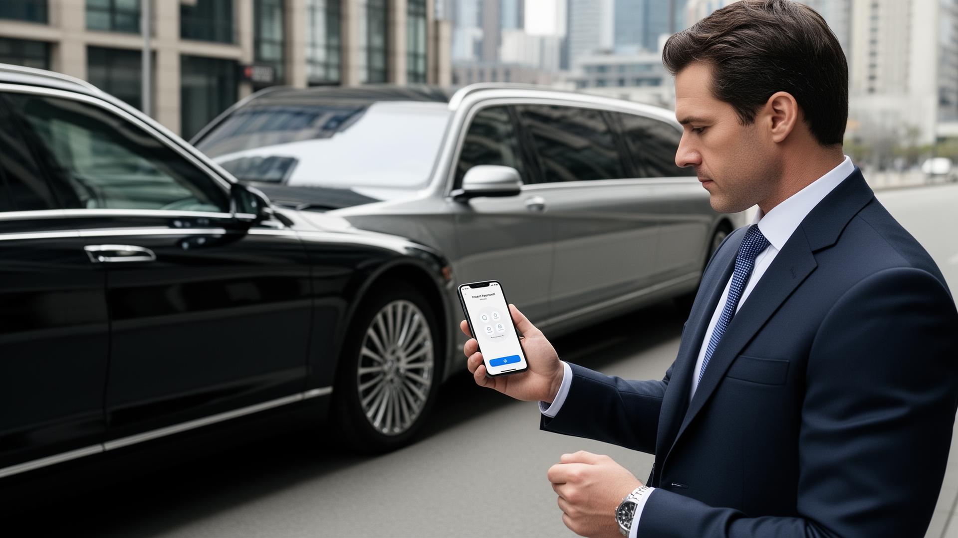 Professional driver reviewing an instant payout on a smartphone beside an executive vehicle